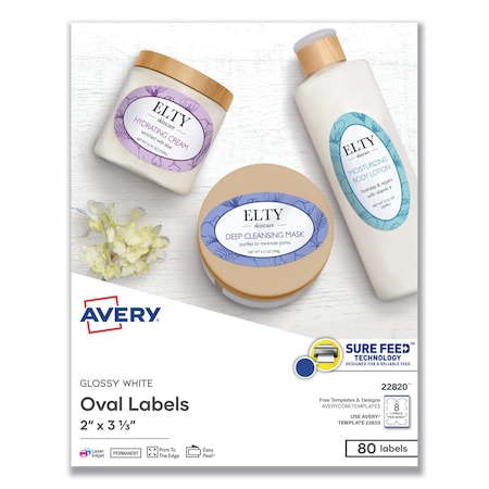 Avery Dennison Oval Label, 2x31/3, Gloss White, PK80 22820